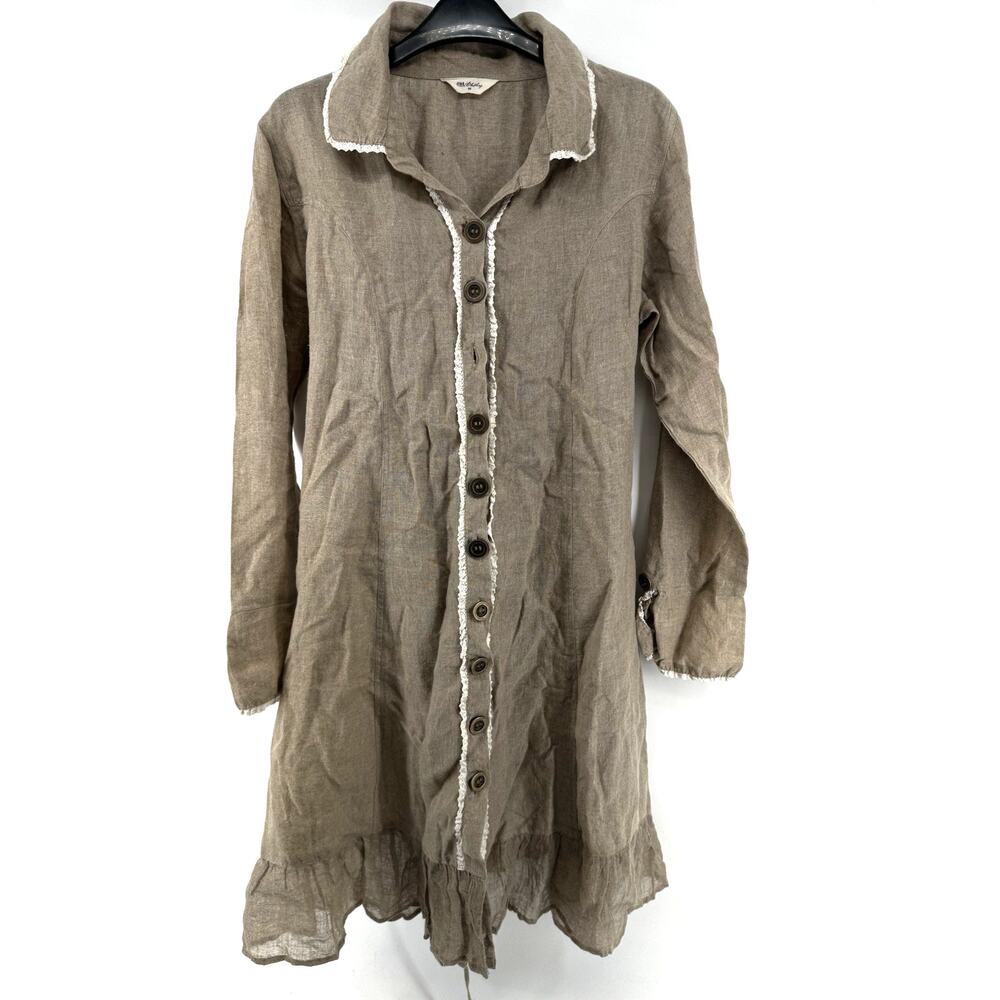Jean D'arc Living Clothing JDL Tan Linen Dress Ruffle Bottom Button Up Medium